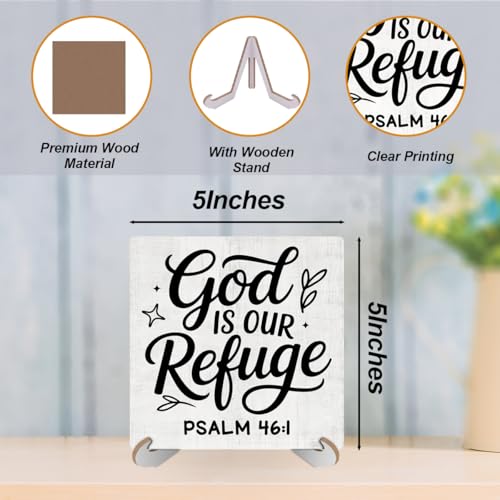 Inspirational Christian Desk Decor Wood Sign, Religious Gifts,Bible Scripture Desk Decorations Faith Based Gifts for Women Men Boss Day Coworker Office Work Bedroom Home Decor Wooden Plaque With Stand - color: Refuge 744