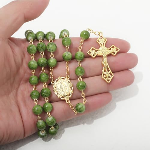 KOMI Rosary Beads Catholic for Women Gemstone Rosary Beads Necklace with Crucifix Cross Crystal Pearl Rosary Rosarios Catolicos Catholic Gifts - style: 8mm Glass Beads C