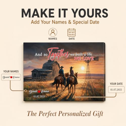 Ipplee Personalized Romantic Cowboy Couple on Horse Sunset Canvas Wall Art - color: Design20