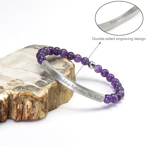 Amethyst Christian Bracelet for Women, 18K Gold Plated Bible Verse Jewelry, Inspirational Religious Faith Gift, Scripture Jewelry for Encouragement & Strength - color: A sweet friendship refreshes the soul-Amethyst Silver