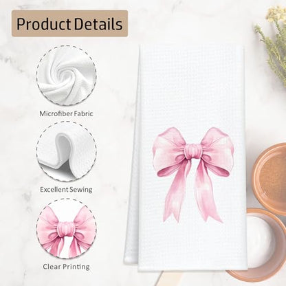 Christian Kitchen Towels Set of 2, Waffle Weave Hand Towels with Bible Verse and Pink Bow,Inspirational Decorative Dish Towels for Kitchen & Bathroom, Faith Gift for Women and Friends 16x24 Inch