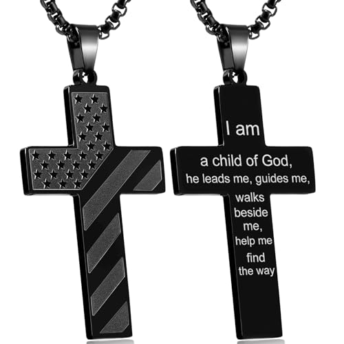 RWQIAN American Flag Cross Necklace for Men Bible Verse, Christian Religious Scriptures Faith Baptism 1st First Communion Pendant Chain for Boys, Fathers Dad Day Graduation Jewelry Gifts for Him - color: Black, style: I am