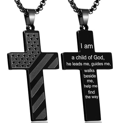 RWQIAN American Flag Cross Necklace for Men Bible Verse, Christian Religious Scriptures Faith Baptism 1st First Communion Pendant Chain for Boys, Fathers Dad Day Graduation Jewelry Gifts for Him - color: Black, style: I am