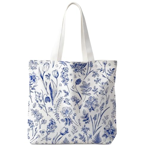 Christian-Flowers-Inspirational Motivational Gifts Canvas Tote Bag for Women,Reusable Shopping Grocery Bags - color: Floral-blue and White