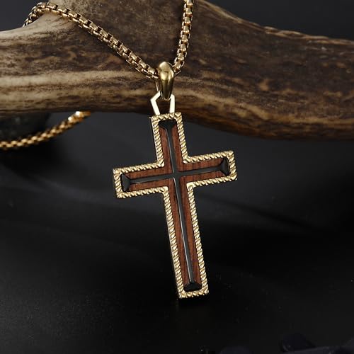 Wooden Cross Necklace for Men With Stainless steel And Black Ebony Adjustable Box Chain 24–26 inches Suitable for Everyday Wear And Christian Gifts for Men - color: Gold-A