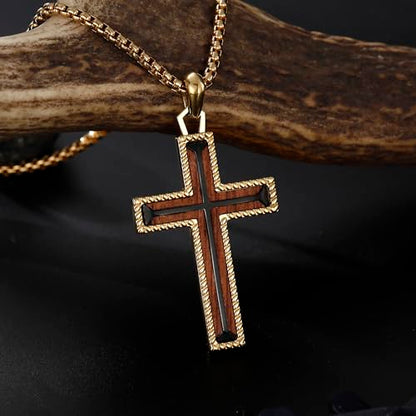 Wooden Cross Necklace for Men With Stainless steel And Black Ebony Adjustable Box Chain 24–26 inches Suitable for Everyday Wear And Christian Gifts for Men - color: Gold-A