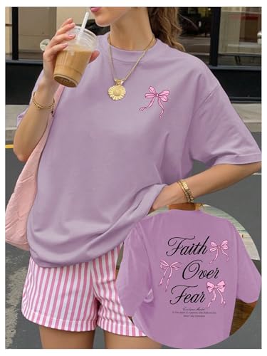 SweatyRocks Women's Bow Shirt Oversized Letter Graphic Tees Cute Tops Trendy Bible Verse Religious T Shirts - color: Purple, size: Small