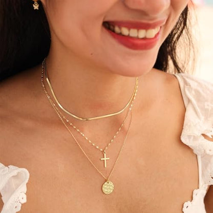 Turandoss Layered Cross Necklaces Stack for Women Girls, Christian Gift - color: Cross-Flat Snake