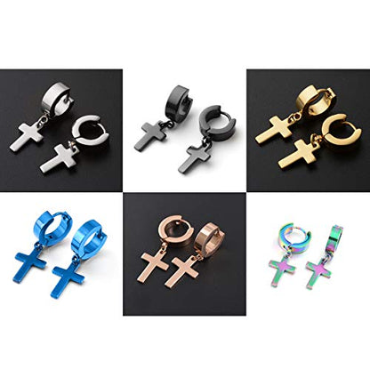 Men Women Stainless Steel Cross Earrings Set Dangle Hinged Earrings of Dangle Hinged Earrings Cross hoop Earrings - color: 6 Pairs Cross Earrings (Silver+gold+black+Colorful gold+blue)