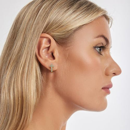 Turquoise Cross Hoop Earrings for Women 14K Gold Plated Infinity Angel Feather Pearl Turquoise Cross Star Hypoallergenic Post Christan Everyday Huggie Jewelry Gift - color: Gold Cross