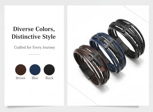 Stainless Steel Braided Leather Bracelet for Men Cuff Bangle Cross - color: 3 Colors&Black Cross