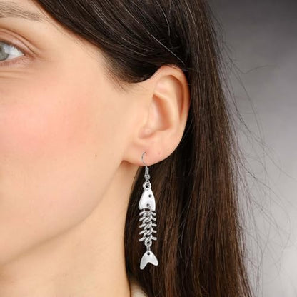 Yuanchu Fish Bone Grunge Earrings for Women, 2 Pair Zinc Alloy Long Cool Earrings Weird Jewelry Fishbone Dangle Earrings Fish Hook Punk Goth Earrings