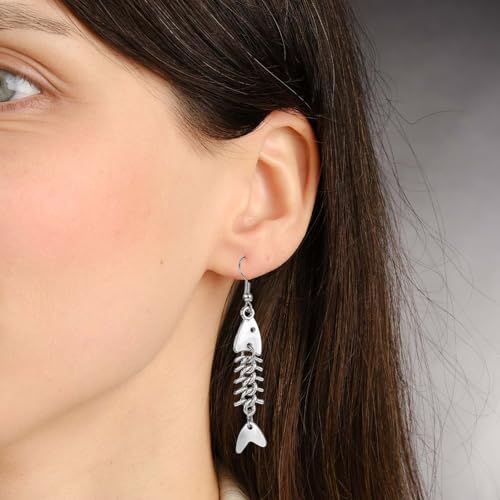 Yuanchu Fish Bone Grunge Earrings for Women, 2 Pair Zinc Alloy Long Cool Earrings Weird Jewelry Fishbone Dangle Earrings Fish Hook Punk Goth Earrings