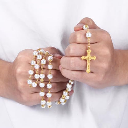 Rosary Beads Catholic for Women,Gold White Rosary Necklace for Women,Glass Pearl Beads Rosary Necklaces,Imitation Pearl Bead Necklace Rosarios Catolicos with Pouch,Catholic Gifts for Adults