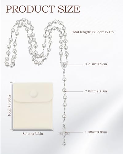 Rosary Beads for Women - Catholic Rosary Beads with Cross, Pink Crystal Rosary Necklace with Velvet Pouch, Religious Gifts for Women - color: White