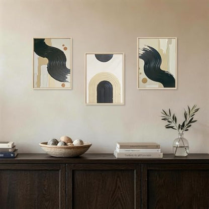 HOURIA Black Beige Abstract Neutral Framed Canvas Wall Art Set-12"x16"x3 - color: Abstract Beige Black Wall Art, size: 12"L x 16"W