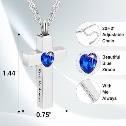 Cremation Cross Necklace for Ashes Stainless Steel Cross Urn Pendant Ashes Holder Memorial Jewelry-With Me Always - style: Blue Heart
