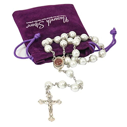 Nazareth Store Wedding White Pearl Beads Rosary Handcrafted Prayer Necklace with Holy Soil Medal and Jesus Cross Crucifix - size: Large (Pack of 2)