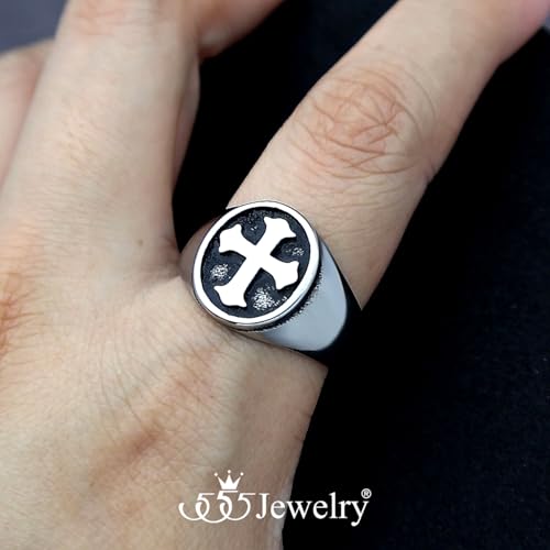 555Jewelry Stainless Steel Rings Men Holy Cross Ring for Men Black Enamel Mens Ring Christian Signet Rings for Men Pinky Thumb Religious Rings US Size 7-13 - color: Silver