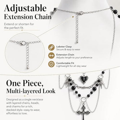 Women's Gothic Y2K Emo Chunky Silver Cross Necklace with Black Pearls, Layered Cross Pendant Necklace Set for Layered Necklaces - Fashion Statement Jewelry