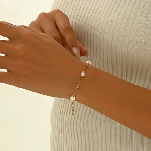 18K Gold Plated Pearl Beaded Cross Bracelets for Women Adjustable - color: Multi Pearls Beads-Gold