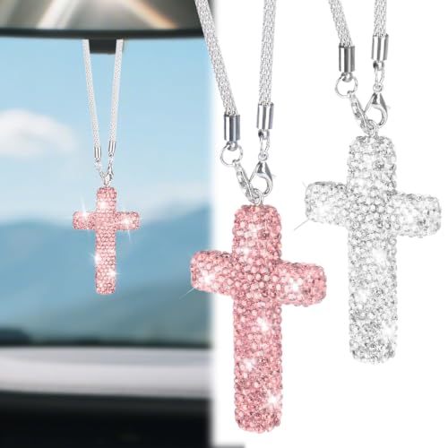 BFXM 2PCS Cross for Car Mirror Hanging, Silver&Pink Bling Car Pendant Charm - color: White+Pink