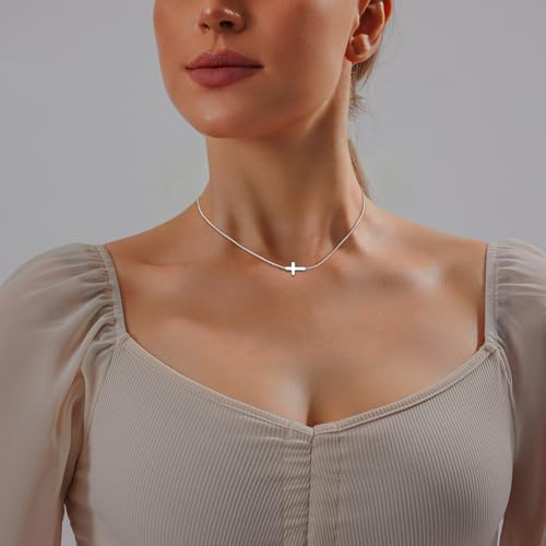 Airmb Cross Necklace for Women Choker 14K Gold/925 Silver Plated Dainty Choker Small Cross Pendant Trendy Cute Cross Charm Delicate Necklace Hypoallergenic Faith Jewelry Religious Gifts for Women - color: Sideways Cross-Silver Plated