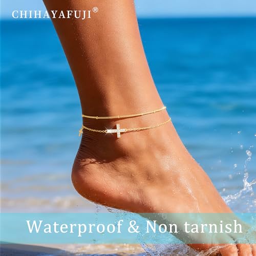 14K Gold/Sterling Silver Plated Ankle Bracelets for Women Waterproof Layered Stackable Sparkly Chain Birthstone Charm Non Tarnish Large Adjustable Birthday Jewelry Gift - color: Gold1