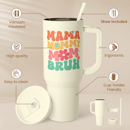 Mom Tumbler with Handle 40oz, Mama Mommy Mom Bruh Cup Stainless Steel Insulated Tumblers Coffee Travel Mugs, Gifts for Moms from Daughter Son, Best Mother Gift for Birthday Christmas Mothers Day - color: Mom 2