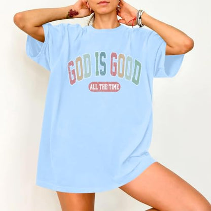Christian Shirts for Women Oversized God is Good Shirt Religious Jesus Faith Inspirational Tshirt Bible Verse Tee Top - color: Light Blue, size: Large