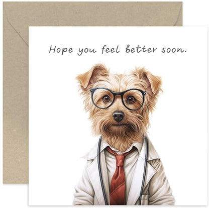 Old English Co. Cute Get Well Soon Card for Him or Her - Adult or Child Get Well Soon Card - Terrier Dog Design - Feel Better Card for Accident, Operation, Unwell | Blank Inside with Envelope