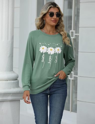 EADINVE Women Daisy Print Sweatshirts Crewneck Long Sleeve Pullover Tops - color: Green, size: X-Large