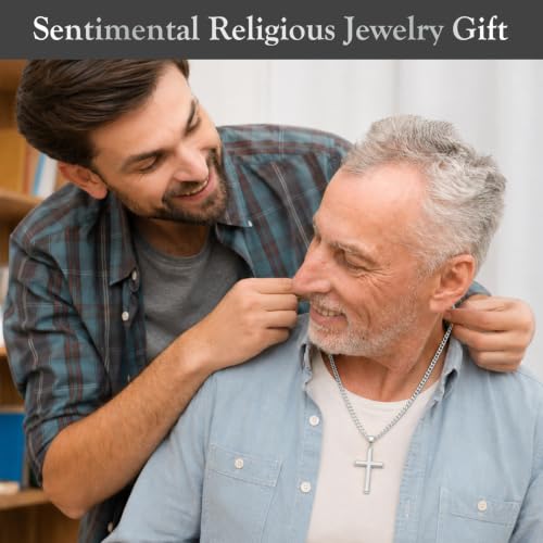 Sterling Silver Beveled Edge Cross Necklace for Men Women, S925 Cross Pendant with 5mm Cuban Chain, Non Tarnish Durable Stainless Steel Necklace, Silver Religious Jewelry, 16-30 Inch - color: Silver Cross Necklace, size: 16 in=41 cm