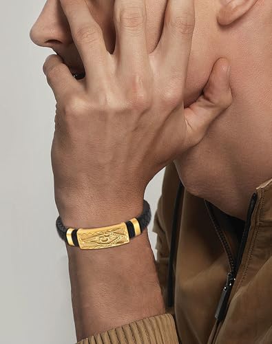 YL Cross Masonic Leather Mens Bracelet, 18K Gold/Black Rhodium Plated Christian Religious 316L Stainless Steel Brown Cuff Handcrafted Jewelry Gifts - color: Masonic A-Black, size: 8.7"(220mm)