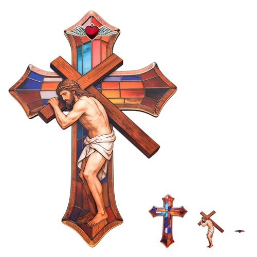 Vintage Two Layered Wooden Cross Wall Decor, 11" 3D Jesus Carrying Cross Catholic Crucifix Gift for Prayer Corner Church Christian Faith Blessing First Communion Baptism Home Farmhouse Decor - color: Jesus-2 Layer