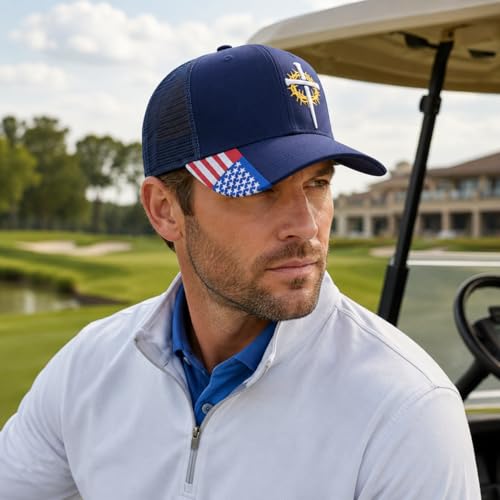 Christian Cross Baseball Cap for Men, American Flag - color: Navy Blue