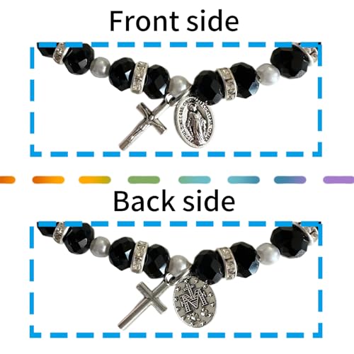 Bovemee 2Pcs Handmade String Miraculous Medal Pink Virgin Mary Bracelets, Crucifix Cross Red Rosary Bracelet Catholic Gift for Women Men - color: Black