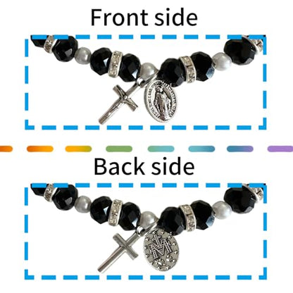 Bovemee 2Pcs Handmade String Miraculous Medal Pink Virgin Mary Bracelets, Crucifix Cross Red Rosary Bracelet Catholic Gift for Women Men - color: Black