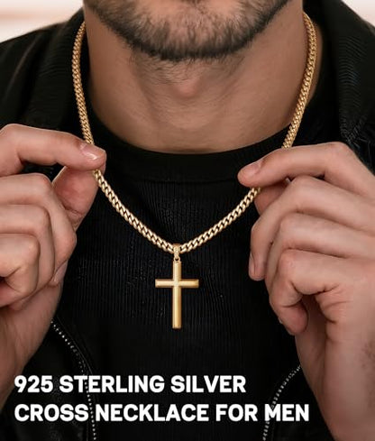 925 Sterling Silver Cross Necklace for Men, 18k Gold Plated Sterling Silver Cross Necklace with 5mm Durable Stainless Steel Cuban Link Chain for Men, 18 20 22 24 26 Inch - color: Gold Cross Pendant