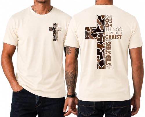Christian Shirts for Men I Can Do All Things Through Christ Cross T-Shirt - color: Creamy Yellow, size: Medium
