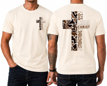 Christian Shirts for Men I Can Do All Things Through Christ Cross T-Shirt - color: Creamy Yellow, size: X-Large