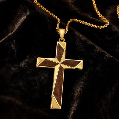 14K Gold Plated Wood Cross Necklace for Men Christian Pendant Jewelry - color: A01-Cross
