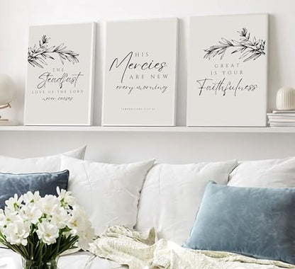 3Pcs Christian Bible Verse Wall Art Scripture Prayer Canvas Poster Print Neutral Black Botanical Painting Steadfast Love Mercies Faith Picture Wall Decor for Living Room Office 16x24in Unframed - size: 24"L x 16"W