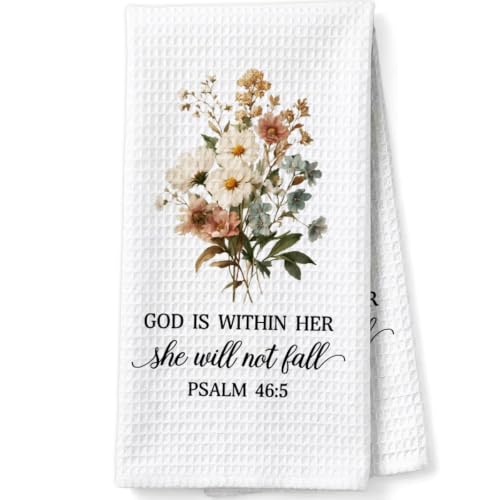 Christian Scripture Gifts Decorative Towels for Women Hostess Faith Prayer, Bible Verse Gifts Waffle Weave Kitchen Towels, God is Within Her She Will Not Fall Psalm 46:5 - color: Gold