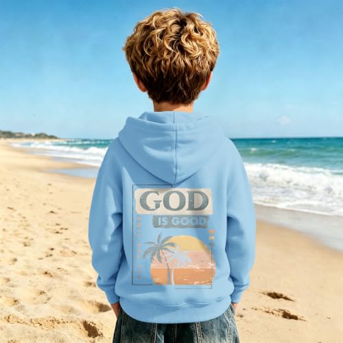 Fkatuzi Christian Graphic Hoodies For Boys Jesus God Is Good Hoodie Kids Faith Verse Bible God Religious Beach Pullover Tops - color: Light Blue, size: 13-14 Years
