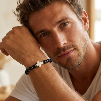 Cross Birthstone Gemstone Beaded Stretch Protection Bracelet for Man Woman, Handmade Healing Stone Chakra Beads Elastic Bracelets Accessories Fashion Jewelry Gift. - color: Black Obsidian