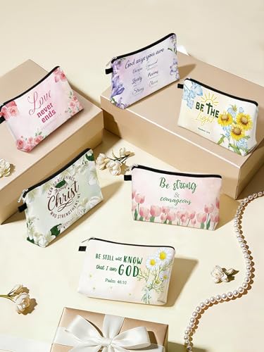 12 Pcs/6 Sets Christian Gifts Bible Verse Canvas Tote Bags and Makeup Bags Thickened Double Sided Bulk Floral Cosmetic Bag Pencil Pouches for Women Inspirational Mothers Day Church Floral Religious
