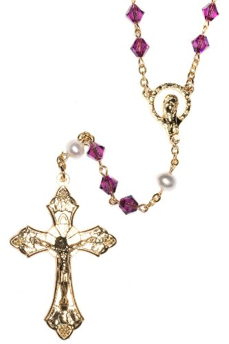 Catholic Prayer Rosary Created with Swarovski® Crystals-Glass-Silver-Gold - color: Amethyst - February - GOLD