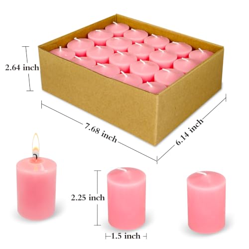 15 Hour Pink Votive Candles, Unscented 1.5 Inch Diameter Wax Candles for Wedding, Party & Home (1.5" D x 2.25" H), 20 Packs - color: Pink
