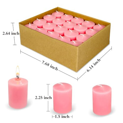 15 Hour Pink Votive Candles, Unscented 1.5 Inch Diameter Wax Candles for Wedding, Party & Home (1.5" D x 2.25" H), 20 Packs - color: Pink